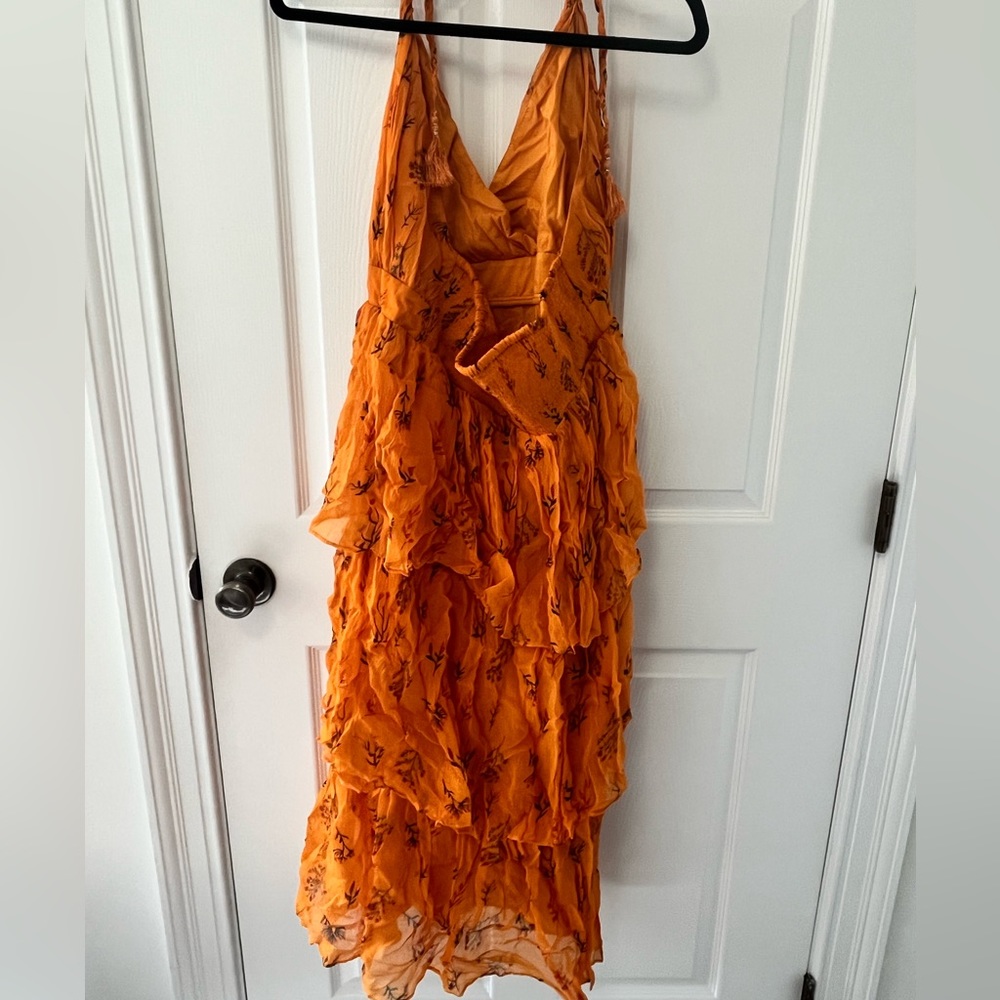 Anthropologie Pamela Halter Midi Dress | Orange Floral Tiered, NWT Size 14 - Picture 3 of 10